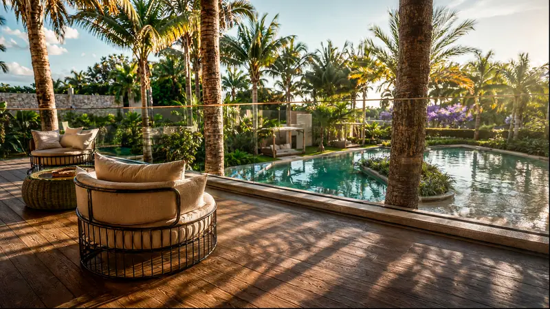Deck de madeira com poltronas redondas de fibra entre palmeiras, diante de piscina com ilha de plantas e jardim tropical ao fim da tarde.