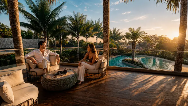 Casal conversa em poltronas redondas sobre deck de madeira ao pôr do sol, com mesa de fibra trançada, palmeiras e piscina ao fundo.