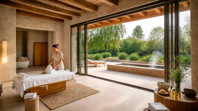 Sala de massagem com vigas de madeira aparentes e maca coberta por toalhas brancas, painéis de vidro abertos para um deck com piscina aquecida e salgueiros.