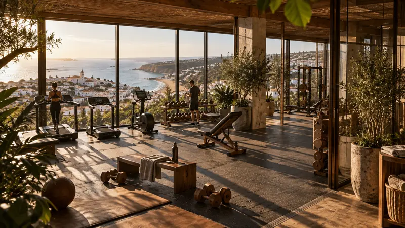 Ginásio de piso de pedra e estrutura de madeira ao amanhecer, com esteiras, remo e banco de supino voltados para janelões que abrem sobre a vila branca, a praia e a baía.