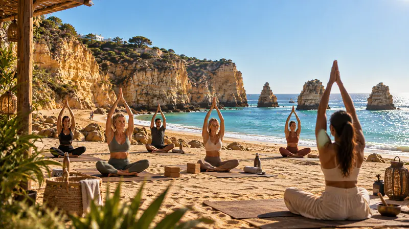 Aula de ioga na areia ao sol da manhã, com seis pessoas de braços erguidos sobre tapetes, vista para falésias douradas, rochedos isolados no mar e água turquesa, sob a sombra de um alpendre de madeira.