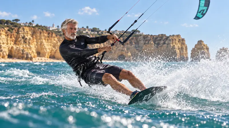 Kitesurfista de cabelos grisalhos inclinado na manobra, segurando a barra com respingos em volta da prancha, diante das falésias douradas e dos rochedos da costa sob céu limpo.