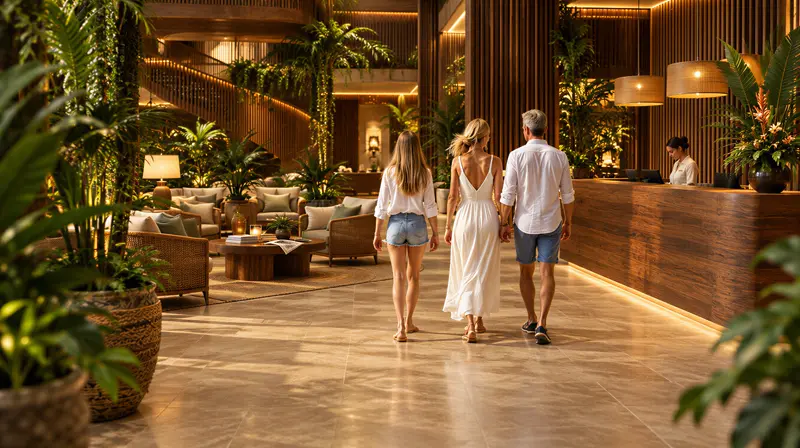 Três hóspedes de branco caminhando de costas pelo lobby de piso de pedra polida, entre brises de madeira, samambaias penduradas, poltronas de vime e o balcão de recepção com fita de luz quente.