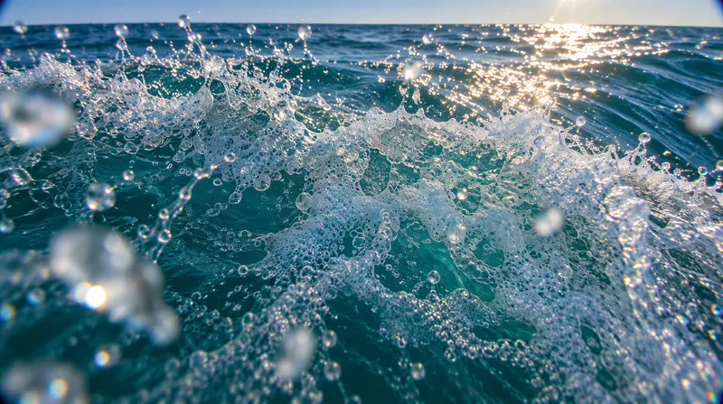 Crista de uma onda quebrando em close, com espuma cheia de bolhas e gotas suspensas diante do mar verde-azulado e do brilho do sol na superfície.