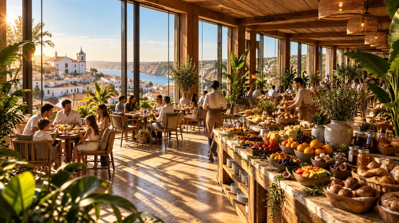 Salão de pequeno-almoço em manhã de sol, com bancada longa de frutas, pães e conservas, mesas de madeira ocupadas por famílias, pendentes de palha e janelões do piso ao teto para a igreja branca e a praia da vila.