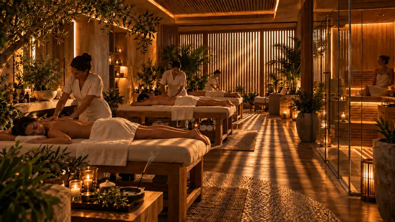 Sala de massagem à luz de velas, com macas de madeira lado a lado, terapeutas de branco, oliveiras em vasos, brises ripados projetando sombras no piso e sauna envidraçada ao fundo.