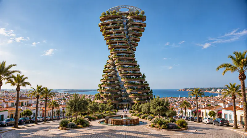 Torre residencial de sacadas circulares tomadas por vegetação, com silhueta em ampulheta, vista da praça de calçada portuguesa com chafariz e palmeiras, sobre os telhados vermelhos da vila branca e o mar ao fundo em dia de sol.