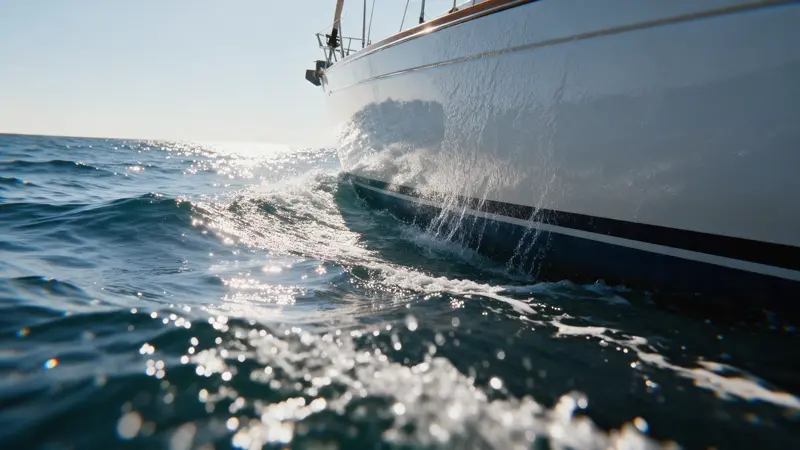 Casco azul e branco de um veleiro visto rente à linha d'água, com o mar salpicado de reflexos do sol e gotas suspensas contra o horizonte claro.