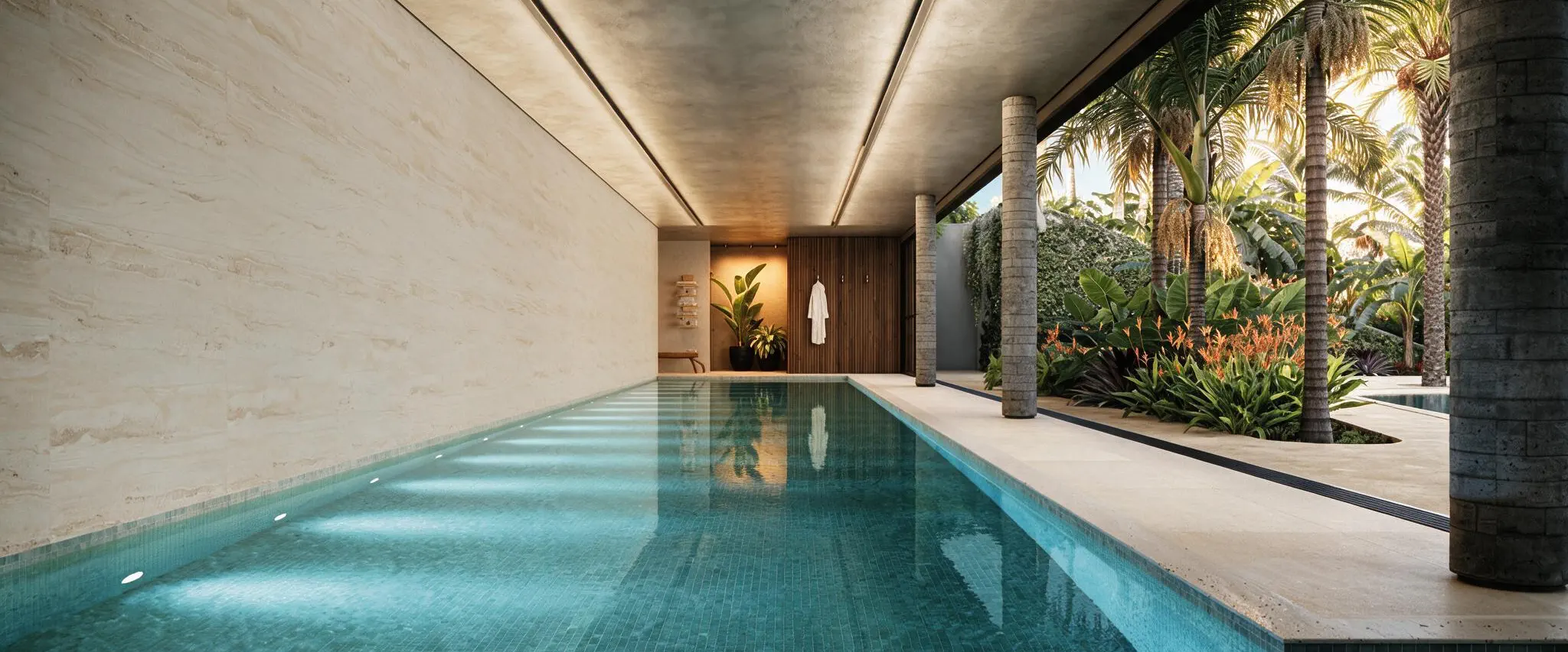 Render de uma piscina coberta de raia: parede de travertino, forro com rasgos de luz, nicho de madeira ao fundo com um roupão pendurado e, à direita, pilares de pedra abertos para um jardim tropical.